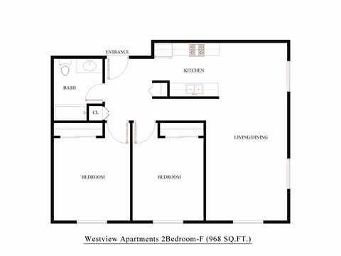 Floor plan for 2 beds, 1 bath, 968 sqft
